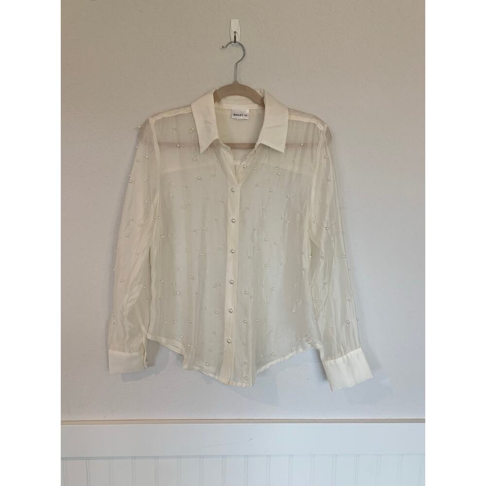Bailey 44 Sheer White Pearl Embelished Blouse Size